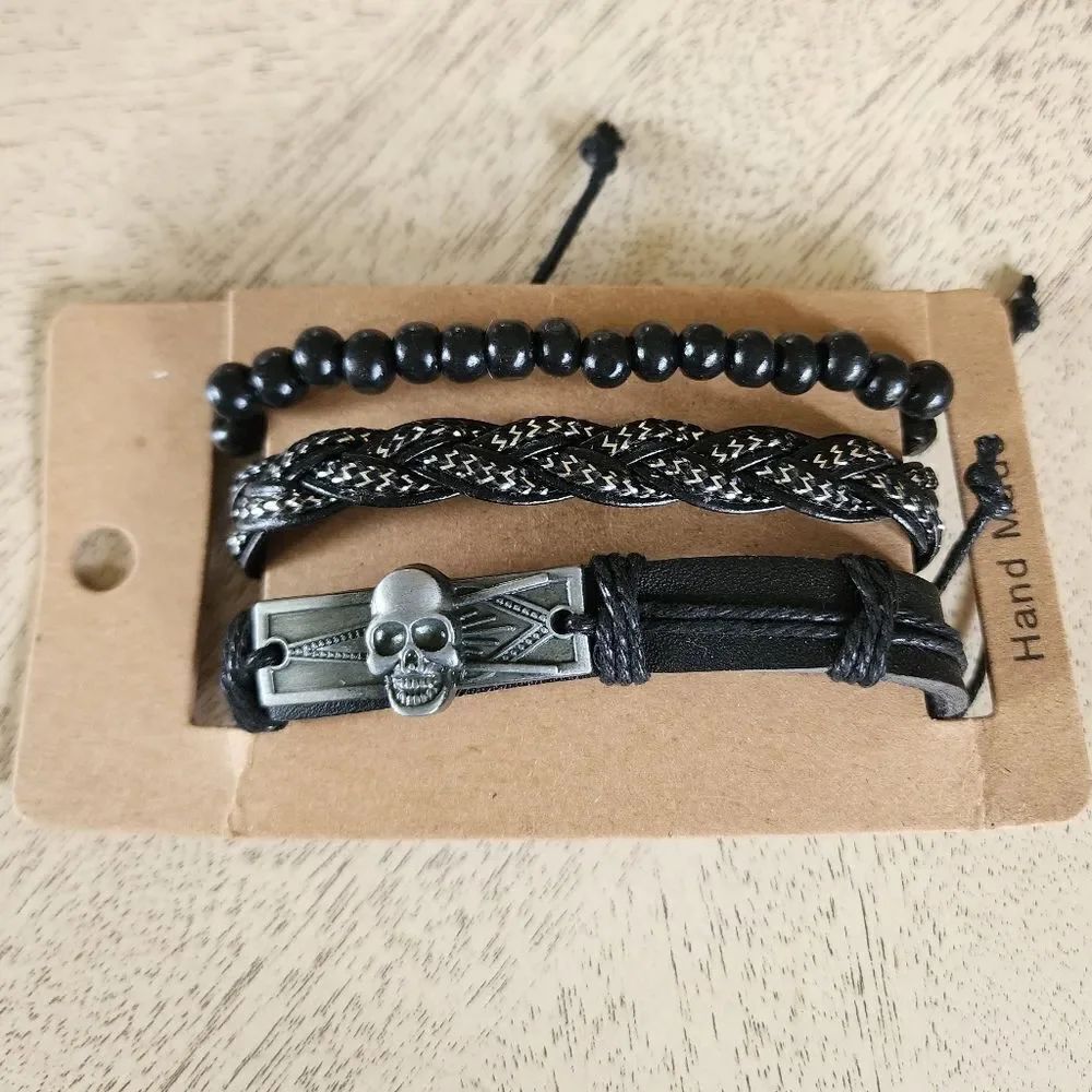 Black and Silver Skull Bracelet Set